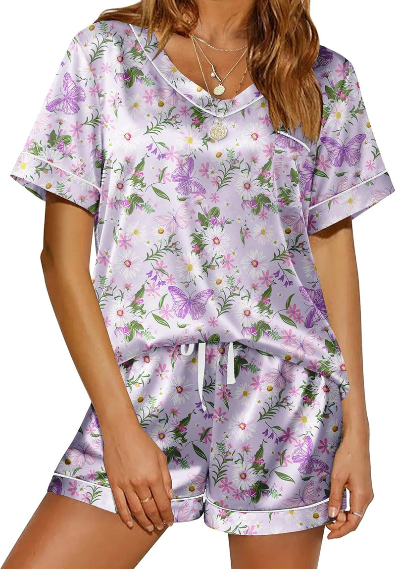 Ekouaer Silk Pajama for Women Short Sleeve Satin Pj Set Two Piece Soft Sleepwear Loungewear, S-XXL-89