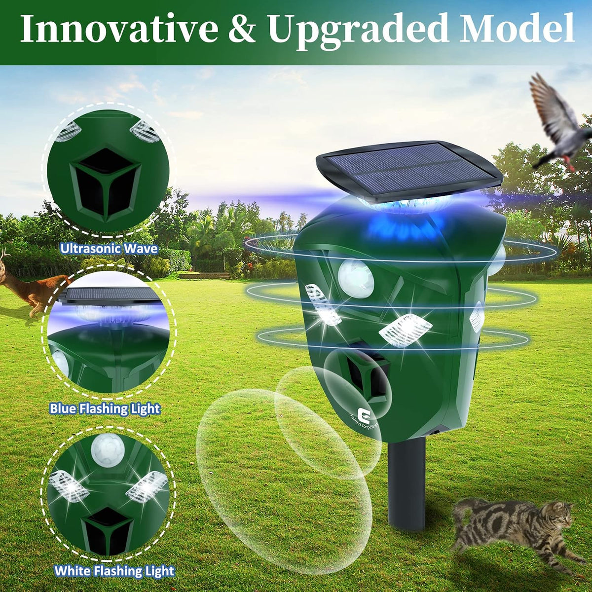 Redeo Ultrasonic Animal Repeller Solar Cat Repellent Outdoor Deer Repellent Devices with 360 Degree Motion Activated Flashing Lights Dog Repellent for Yard, Repel Squirrel Raccoon Skunk Fox & More