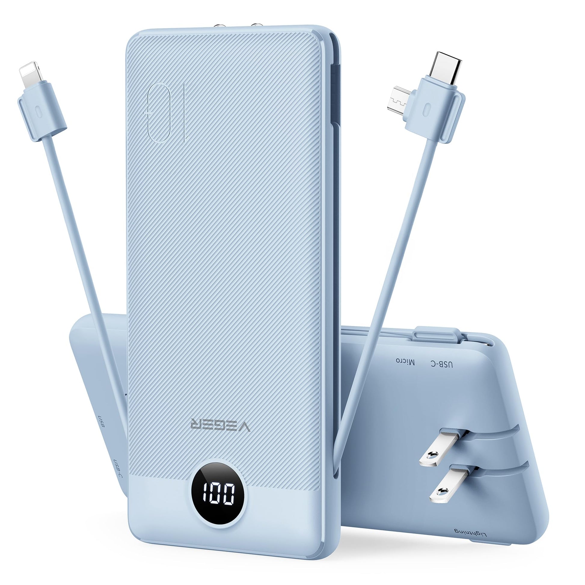 VEGER Portable Charger with Built-in AC Plug and Cables, All in One 10000mAh Ultra Slim Power Bank Travel Essentials, Fast Charging Battery Pack Compatible with iPhone, Samsung, Android (Purple)