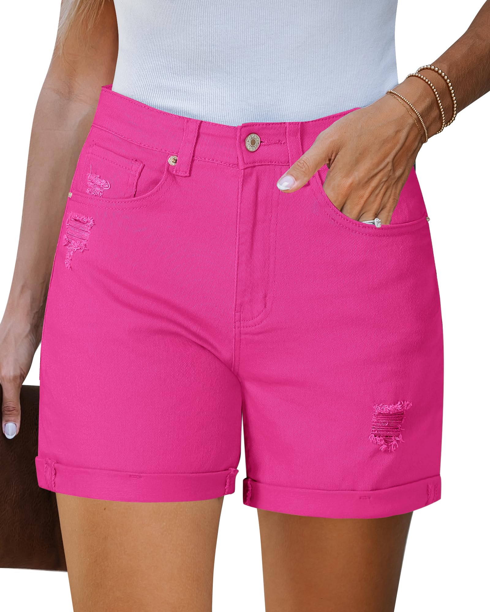 LookbookStore Jean Shorts Womens Stretchy High Waisted Ripped Denim Shorts with Pockets Trendy Distressed Cut Off Shorts
