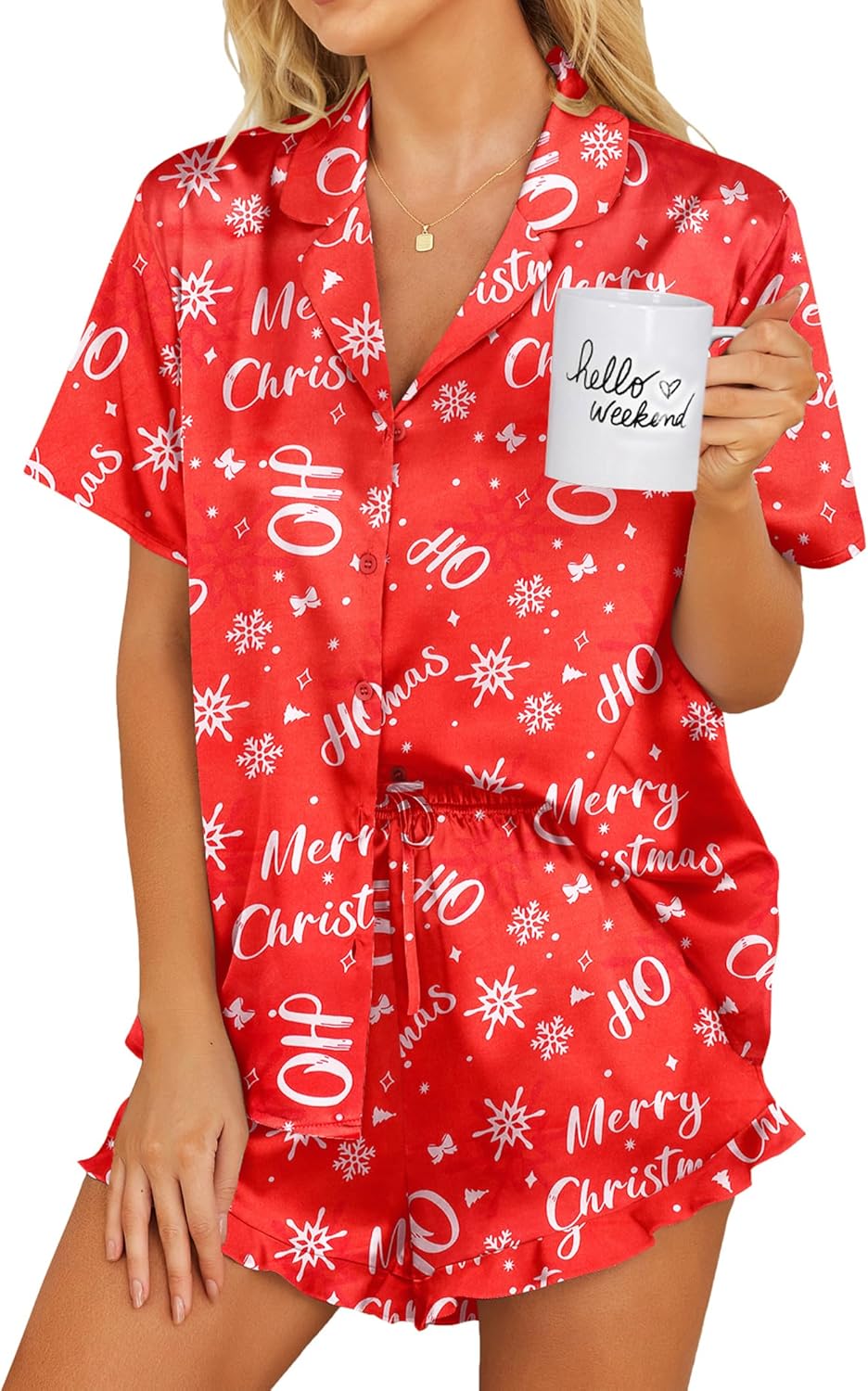 Ekouaer Womens Satin Pajamas Set Button Down 2 Piece Silk Pjs Shorts Set Ruffle Lingerie Notch Collar Sleepwear-14