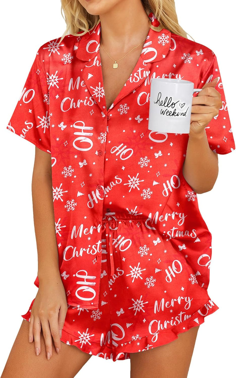 Ekouaer Womens Satin Pajamas Set Button Down 2 Piece Silk Pjs Shorts Set Ruffle Lingerie Notch Collar Sleepwear-14