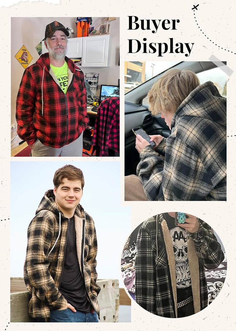 Elesuit Men's Full Zip Fleece Flannel Jacket Shirt Plaid Cotton Hoodie Coat