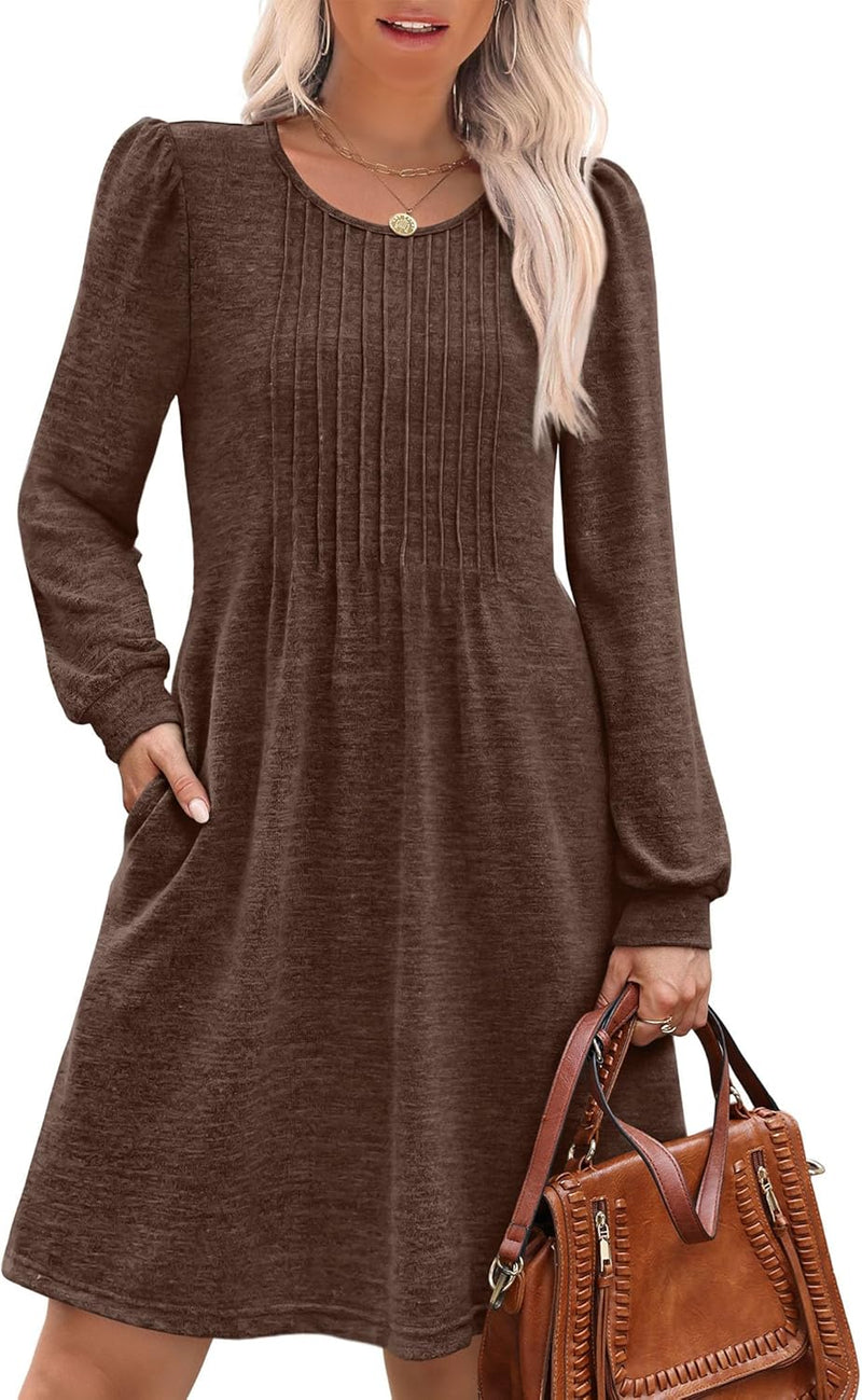 OFEEFAN Long Sleeve Dress for Women Pleated Crew Neck Casual Babydoll Sweater Dress with Pockets Fall Outfits Fashion-27