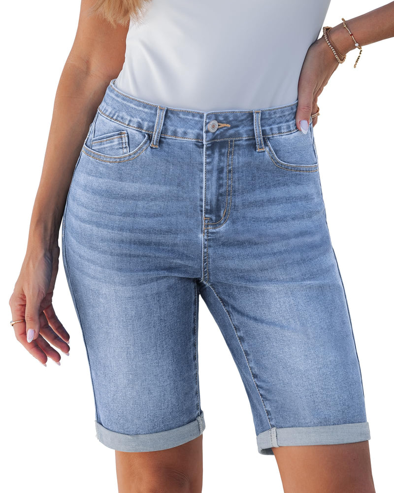 luvamia Bermuda Jean Shorts for Women Knee Length High Waisted Trendy Cuffed Hem Long Stretchy Denim Shorts Summer Jorts