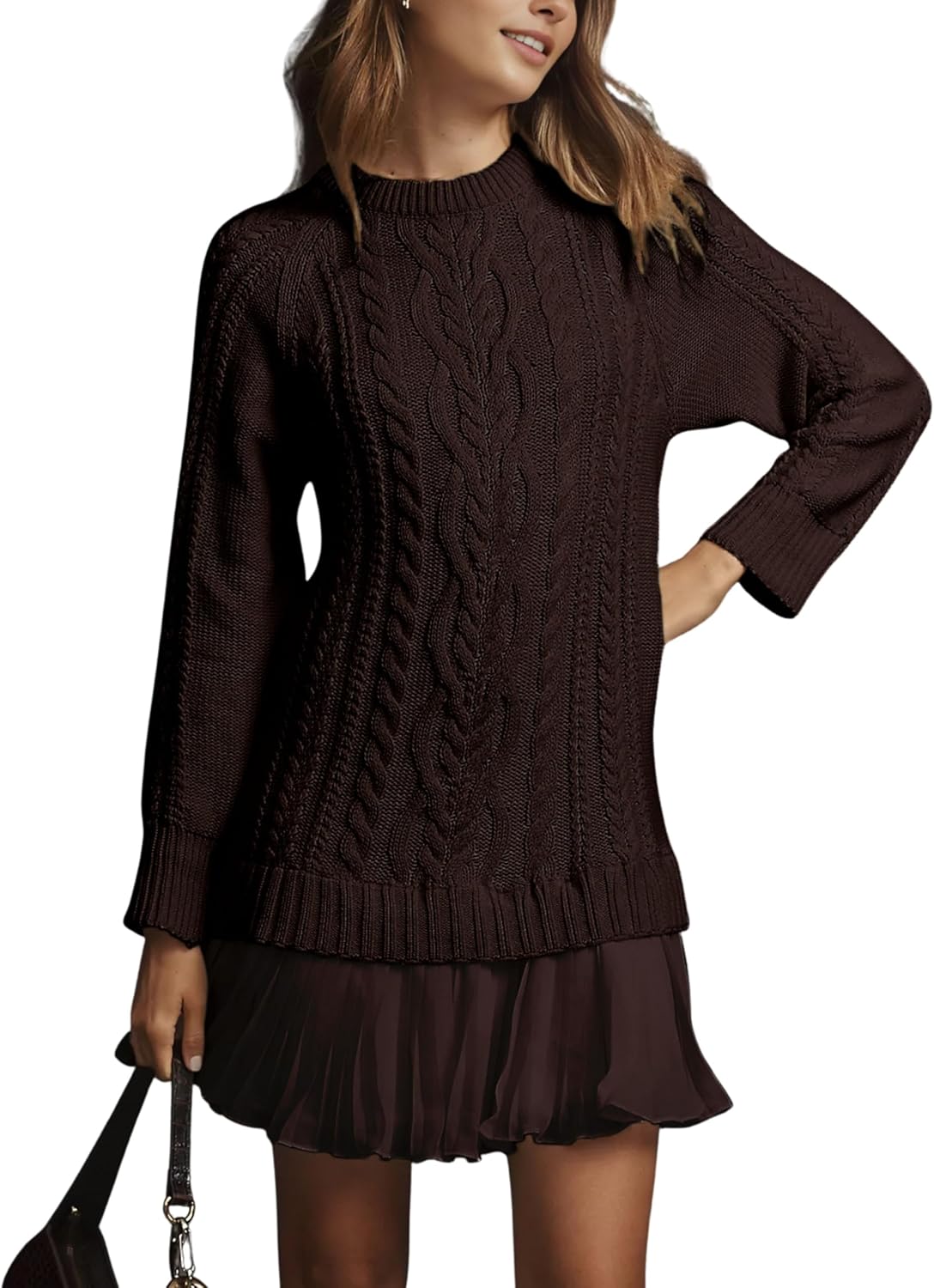 Women Cable Knit Sweater Dress Crewneck Long Sleeve Pleated Mini Dress Twofer Style Patchwork Dress-33