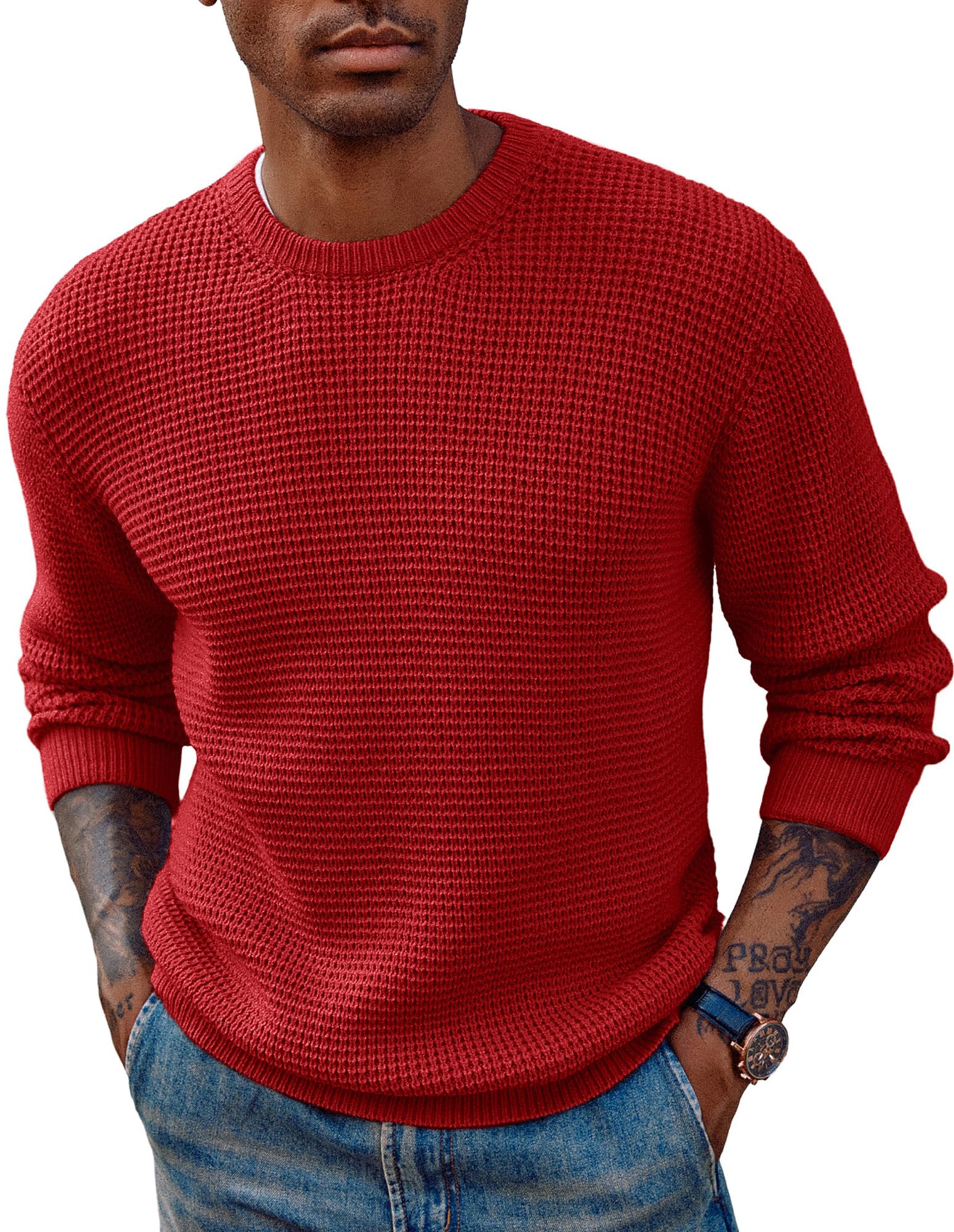 PJ PAUL JONES Mens Pullover Sweater Waffle Textured Long Sleeve Knitted Sweaters-39