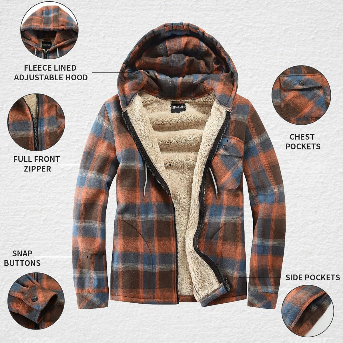 Elesuit Men's Full Zip Fleece Flannel Jacket Shirt Plaid Cotton Hoodie Coat
