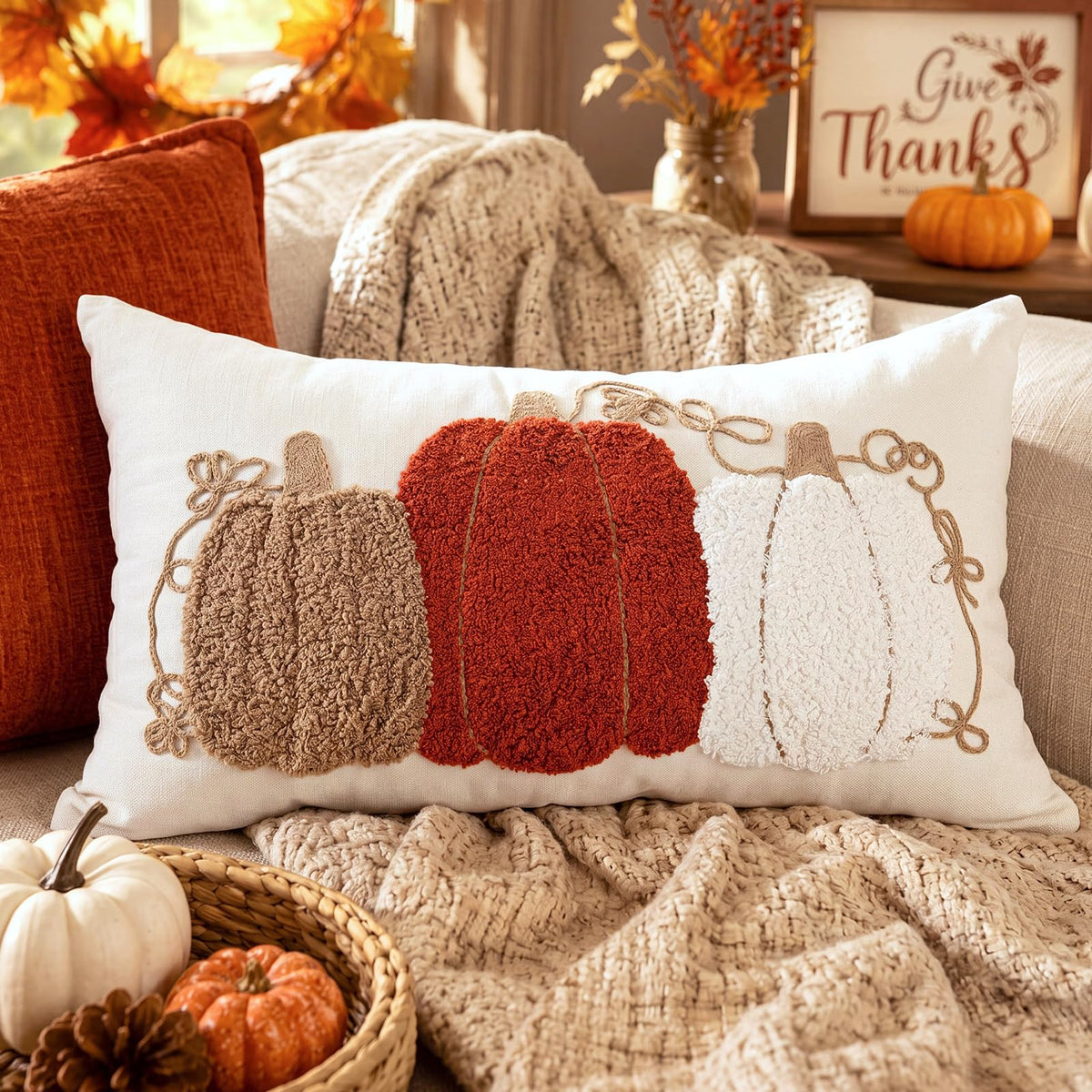 Boao Fall Pumpkin Pillow Covers 12x20 Rustic Boho Brown Beige Lumbar Case