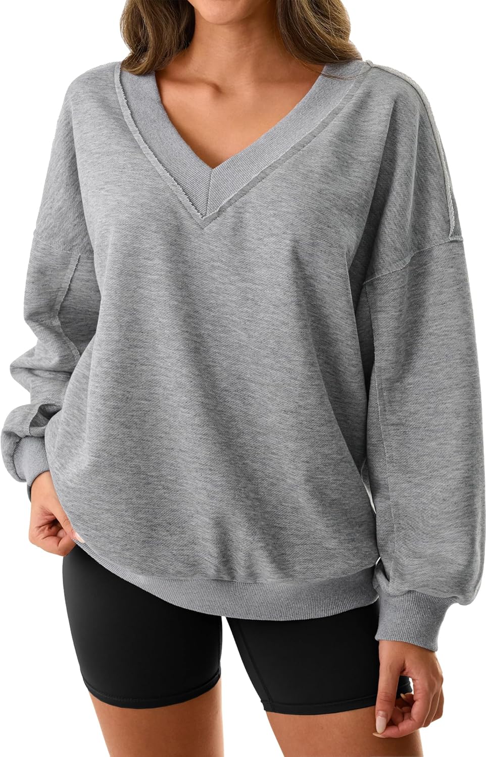 Hilinker Womens V Neck Oversized Sweatshirts Casual Drop Shoulder Long Sleeve Pullover Tops-72