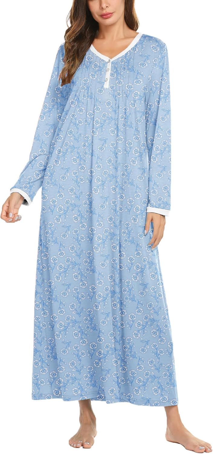 Ekouaer Women's Long Sleeve Nightgown Full Length Sleepwear Long Sleepshirts Henley Sleep Dress S-4XL-90