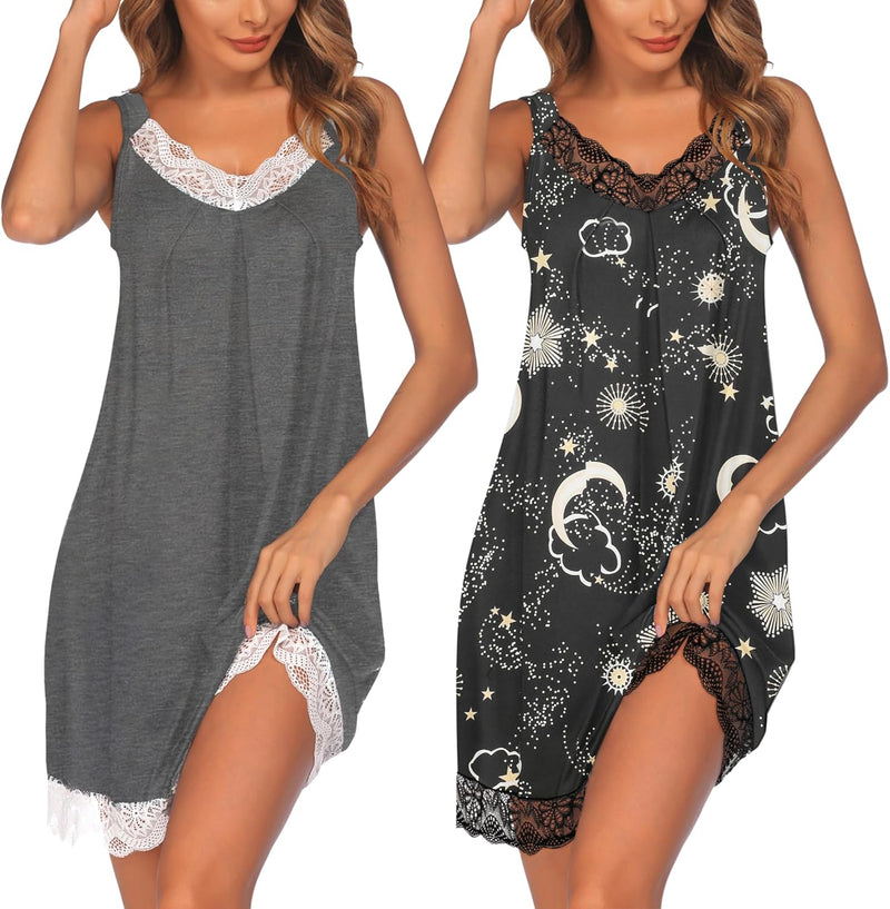 Ekouaer Womens Nightgown 2 Pack Nightgown V Neck Lace Sleepwear Sleeveless Chemise Women's nightgowns & sleepshirts S-XXL-24