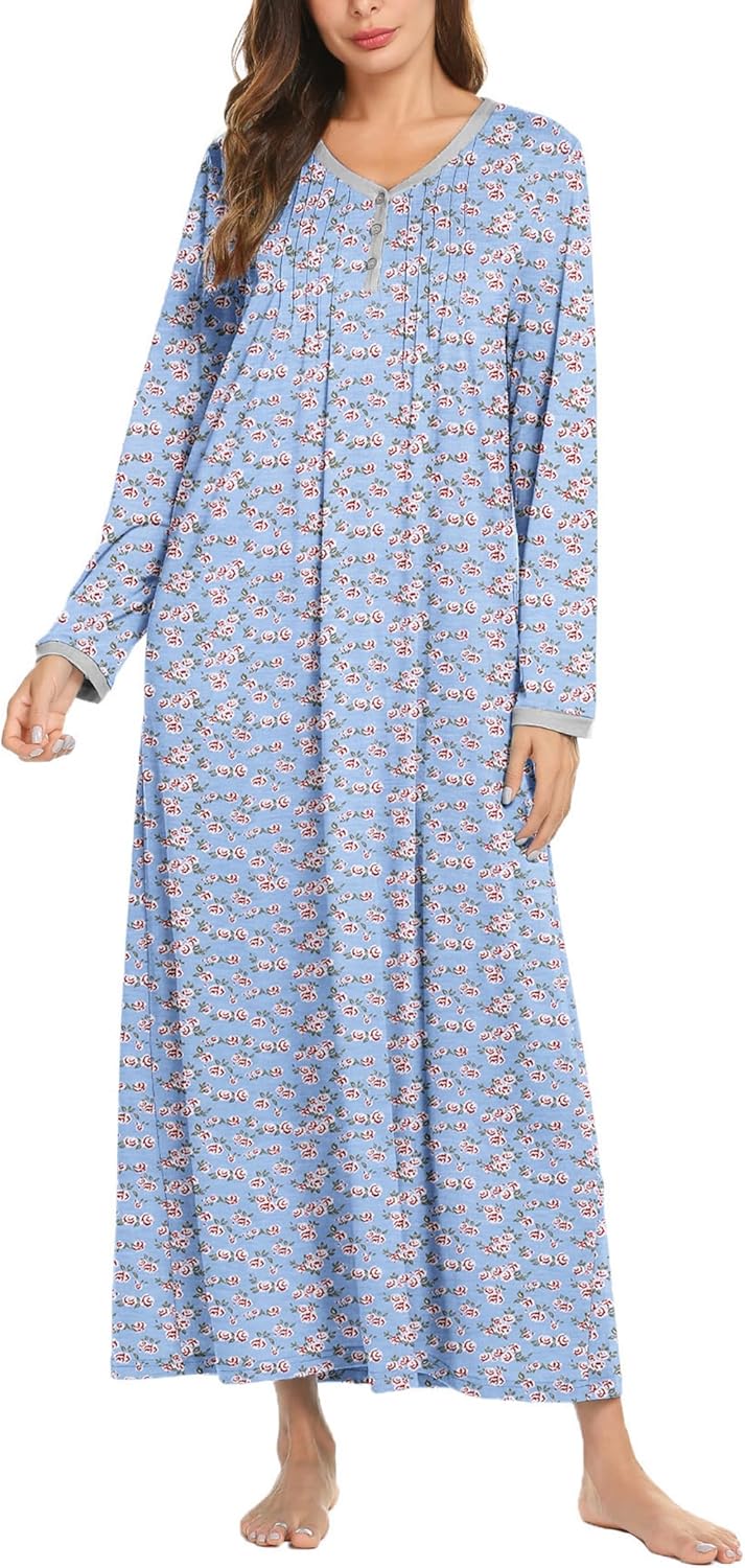 Ekouaer Women's Long Sleeve Nightgown Full Length Sleepwear Long Sleepshirts Henley Sleep Dress S-4XL-64
