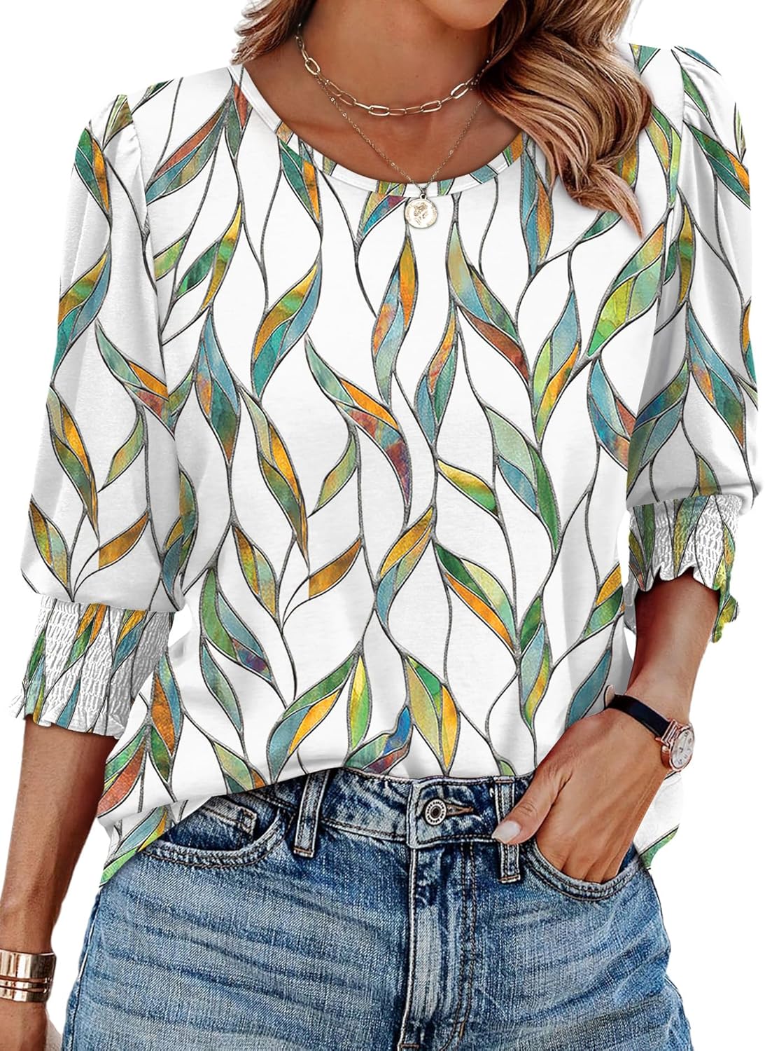 XIEERDUO Blouses for Women Dressy Casual 3/4 Length Sleeve Womens Tops with Smocked Cuffs-86