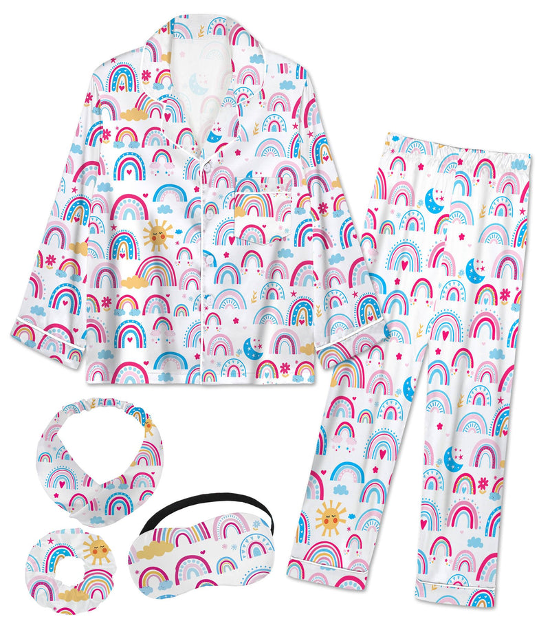 EPLAZA Kids Satin Pajamas Sets Girls Boys Button-Down Silky Pajamas Sleepwear with Hairband Eye Mask Hair Tie