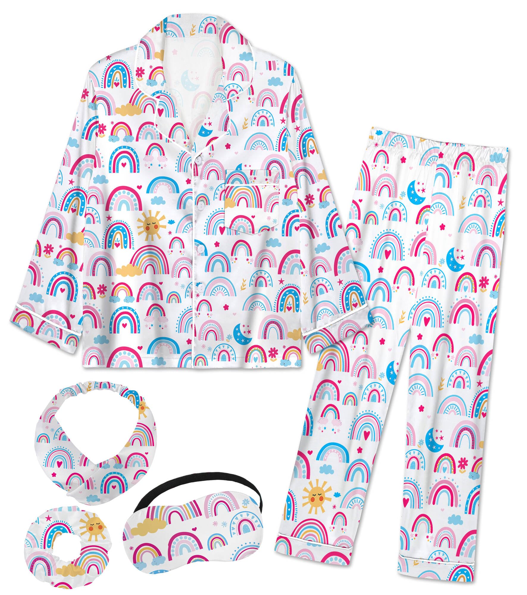 EPLAZA Kids Satin Pajamas Sets Girls Boys Button-Down Silky Pajamas Sleepwear with Hairband Eye Mask Hair Tie