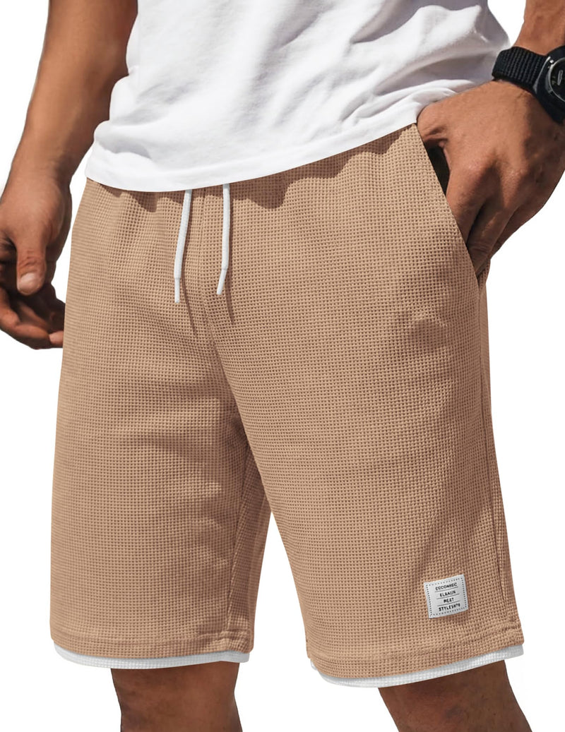 COOFANDY Mens Casual Shorts Cotton Drawstring 9 inch Waffle Shorts Stretch Elastic Waist Summer Beach Lounge Sweat Shorts