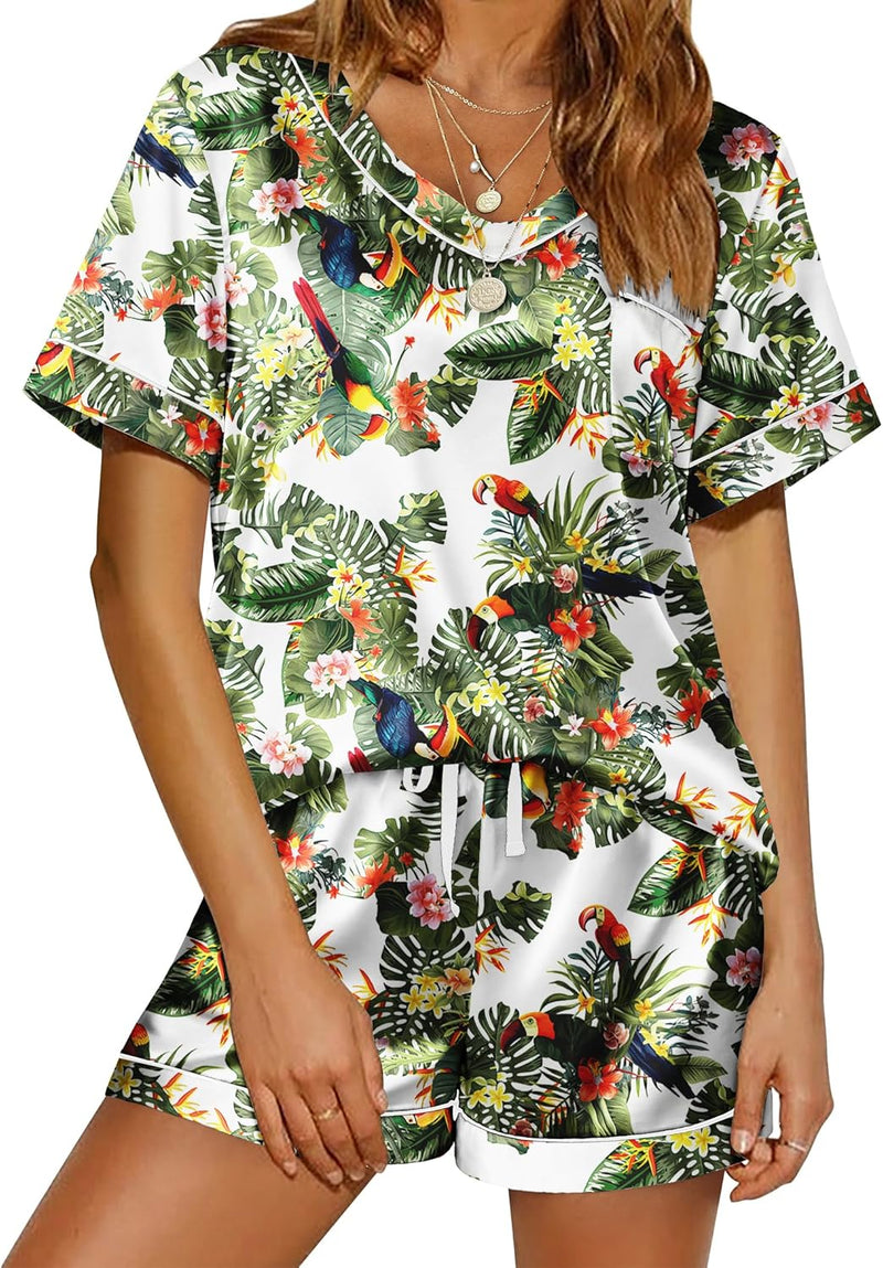 Ekouaer Silk Pajama for Women Short Sleeve Satin Pj Set Two Piece Soft Sleepwear Loungewear, S-XXL-19