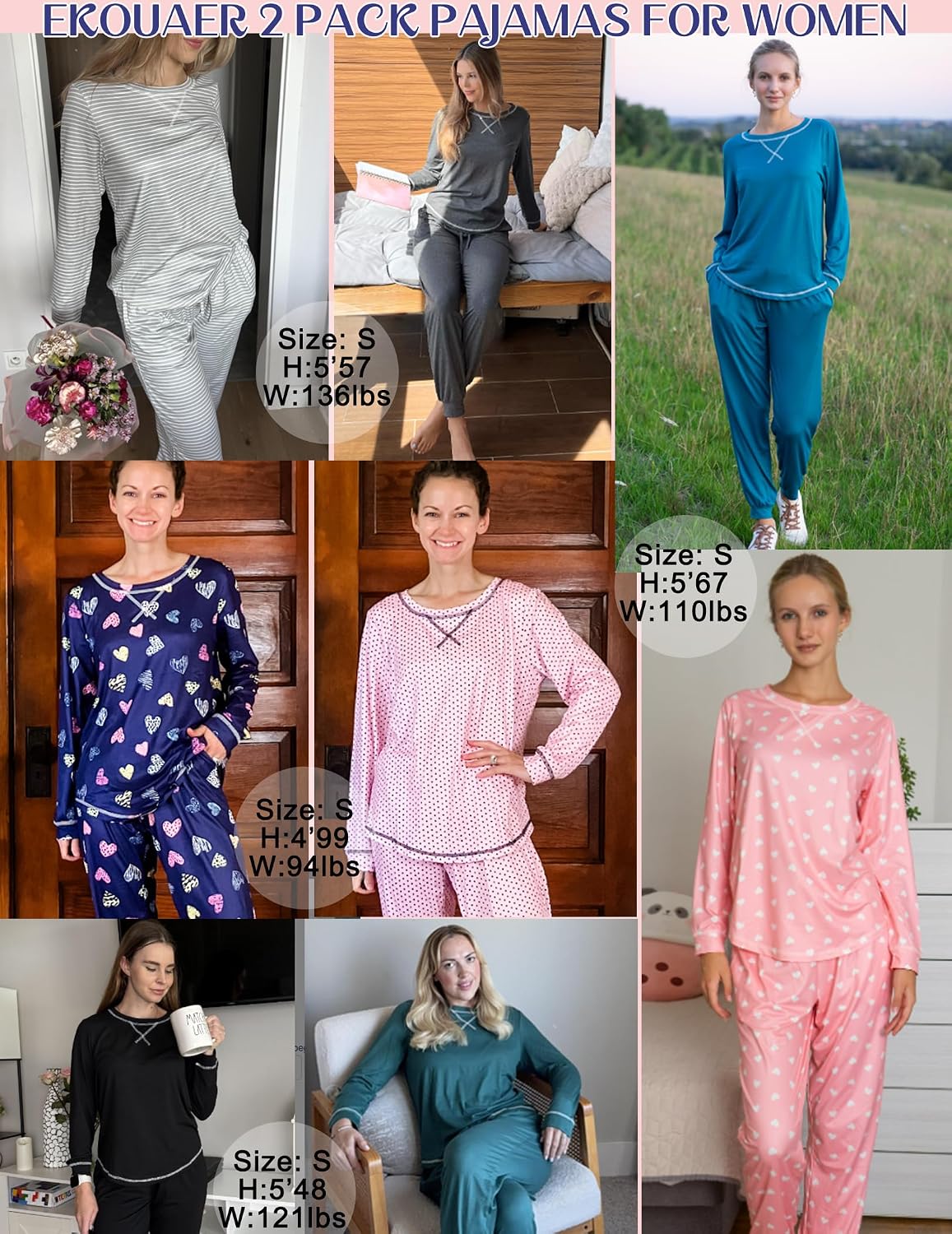Ekouaer 2 Pack Pajama Sets for Women Long Sleeves Lounge Set Jogger Pants