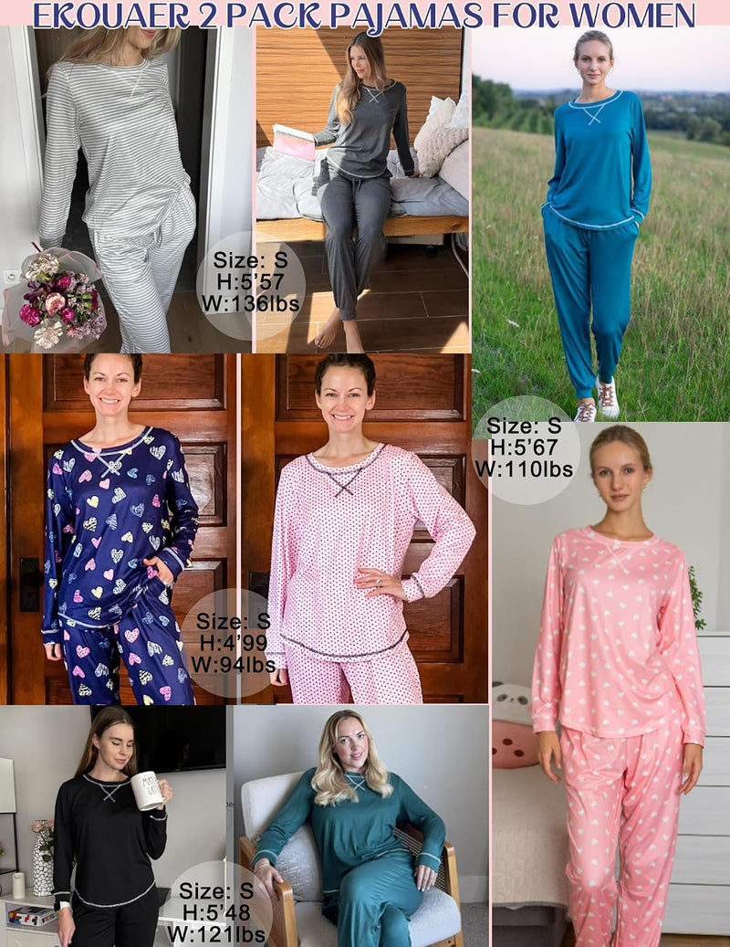 Ekouaer 2 Pack Pajama Sets for Women Long Sleeves Lounge Set Jogger Pants