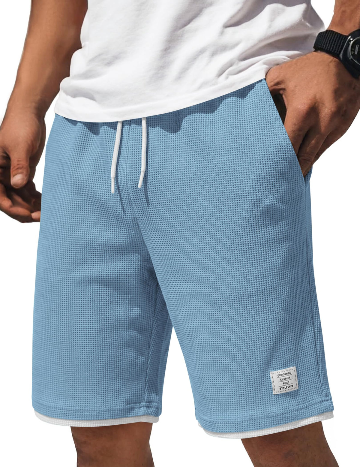 COOFANDY Mens Casual Shorts Cotton Drawstring 9 inch Waffle Shorts Stretch Elastic Waist Summer Beach Lounge Sweat Shorts