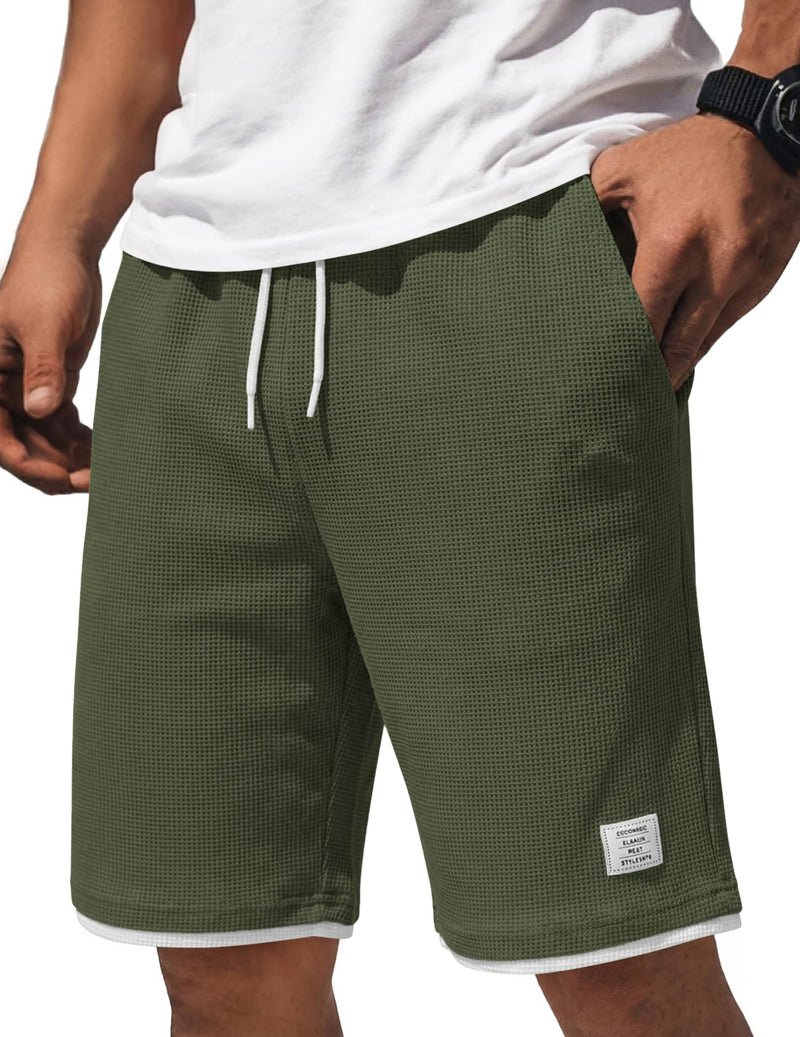 COOFANDY Mens Casual Shorts Cotton Drawstring 9 inch Waffle Shorts Stretch Elastic Waist Summer Beach Lounge Sweat Shorts