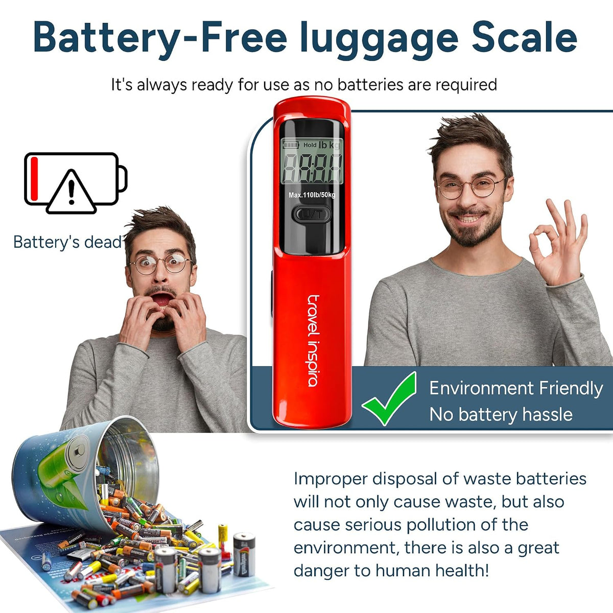 travel inspira Battery-Free Luggage Scale 110lb/50kg Digital Portable | Battery-free luggage scale, pump to power, 110lb/50kg, ±50g, lb/kg switch, tare, overload alert, travel essential