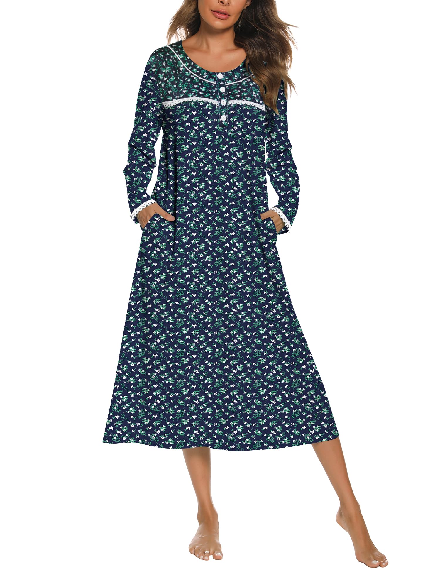 YOZLY Nightgowns for Women Soft Cotton Long Sleeve Night Gwon with Pockets-24