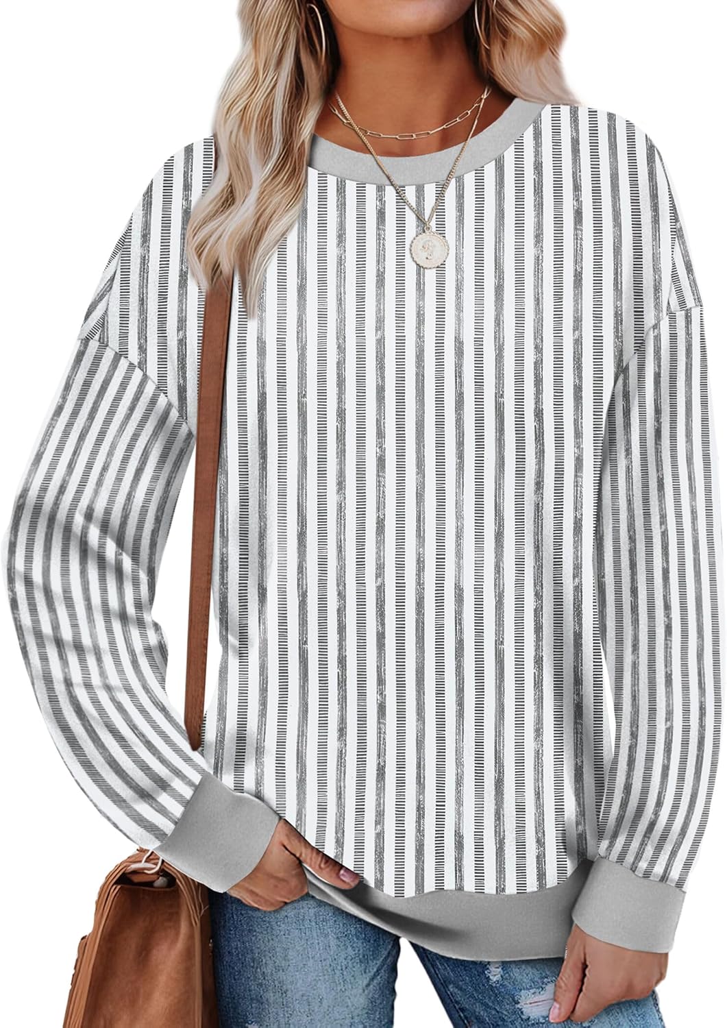 Saloogoe Sweatshirts for Women Crewneck Long Sleeve Loose Fit Tops Color Block Ribbed Trim Fashion 2025-66