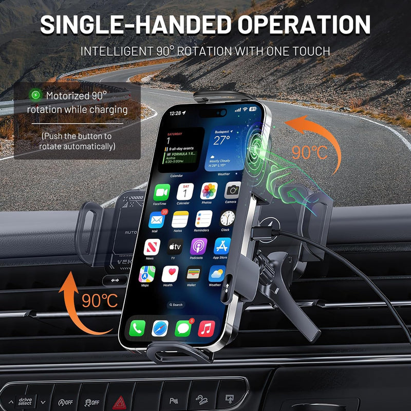 High Intelligent 2 in 1 Auto Rotating Car Charger Cell Phone/Pad Holder, One-Touch Rotatable Car Vent Mount for Smartphone/Pad/Foldable Phone (Black)