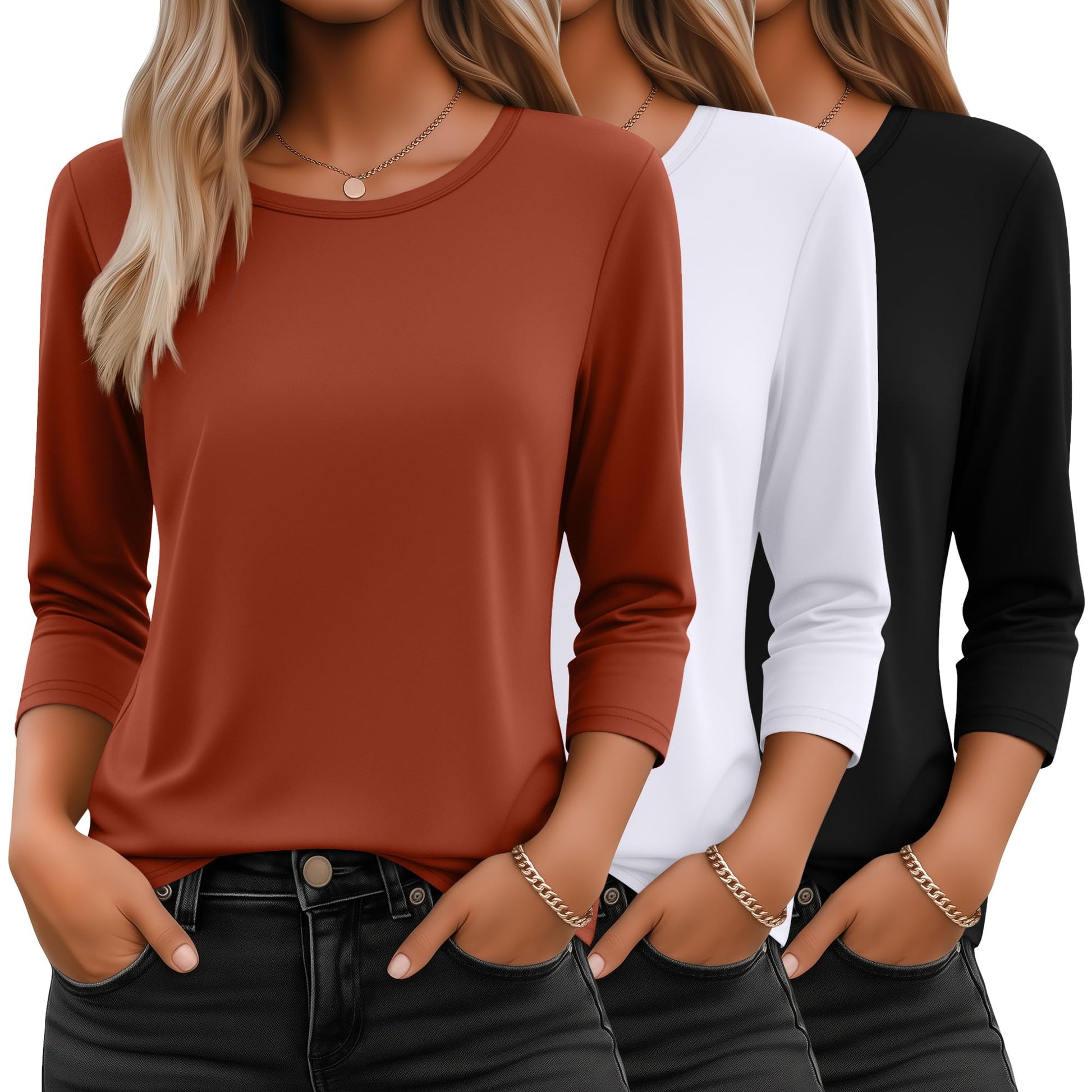 Ficerd 3 Pack 3/4 Sleeve Tops for Women Round Neck Dressy Basics Tees Casual Trendy Loose Fit T Shirts-1