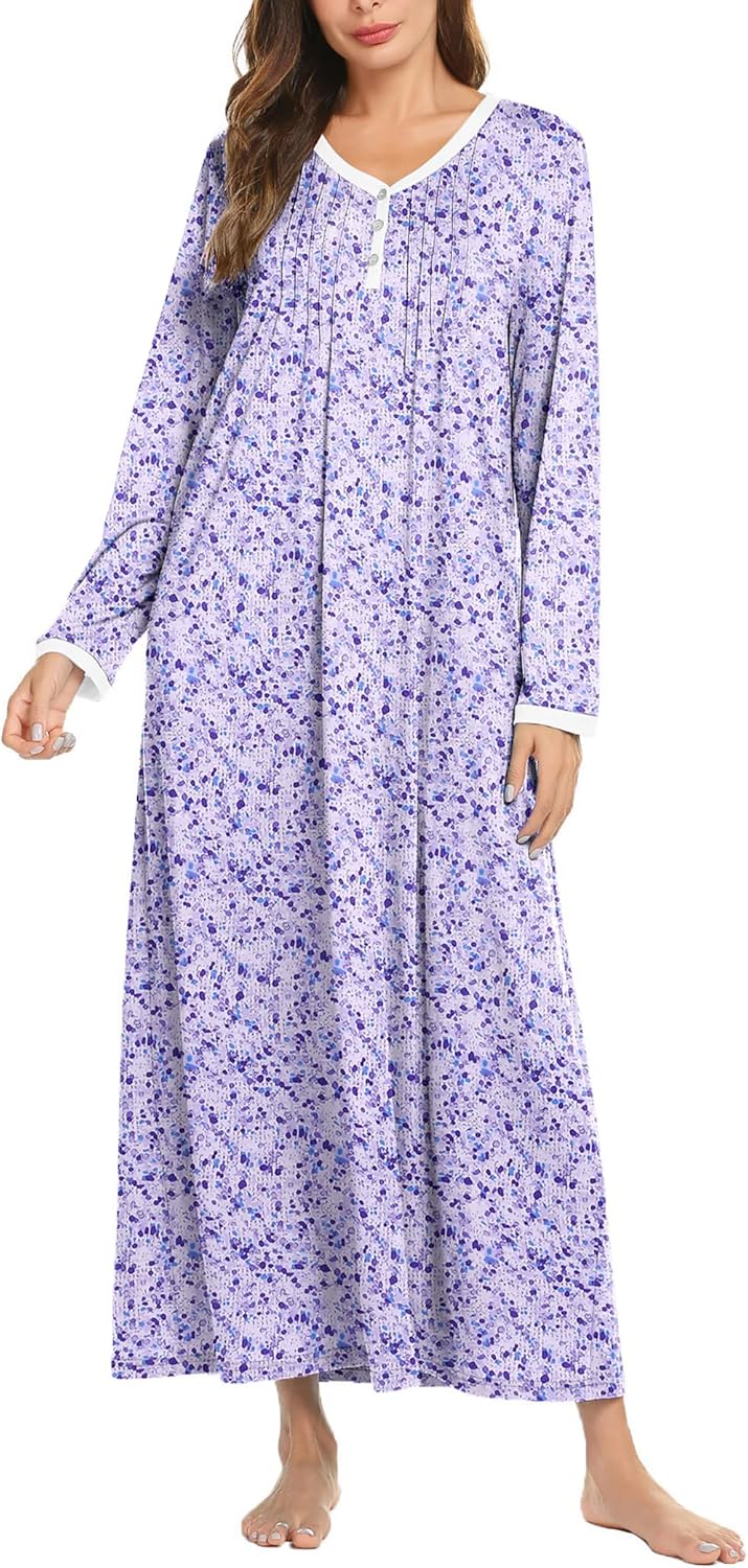 Ekouaer Women's Long Sleeve Nightgown Full Length Sleepwear Long Sleepshirts Henley Sleep Dress S-4XL-12