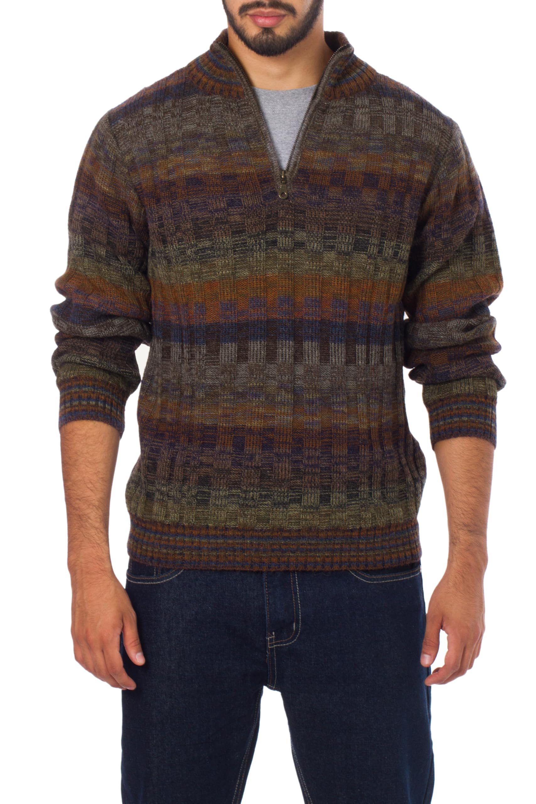 NOVICA Handcrafted Men's Peruvian Alpaca Wool Cardigan with Zipper Multicolor Pullovers, Patterned Knit 'Traveler'-2