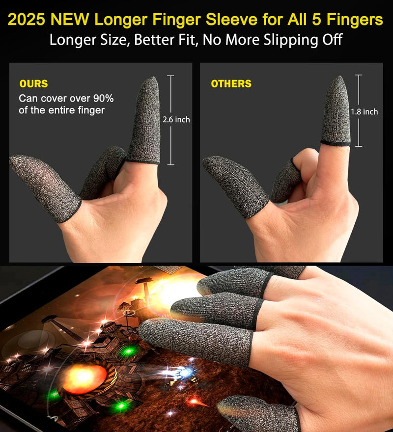2025 Upgrade: Longer Size Silver Fiber Professional Finger Sleeves for Mobile Gaming–No More Slipping, Maximum Touch Sensitivity, Anti-Sweat, Fits All Touchscreen Devices, 10 Pack (M)