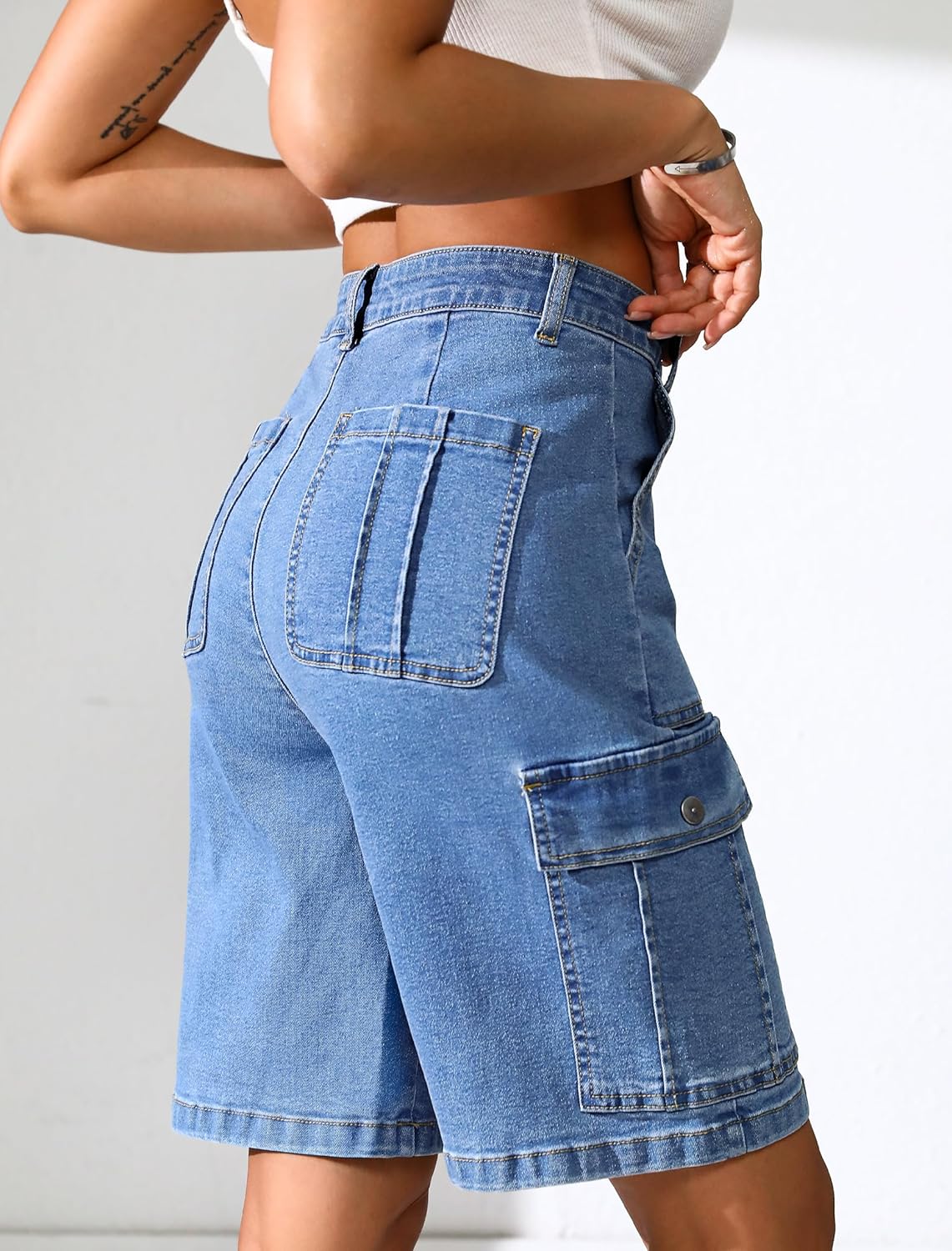 Eddoyee Bermuda Cargo Shorts for Women Casual Long Knee Length High Waisted Stretch Wide Leg Relaxed Fit