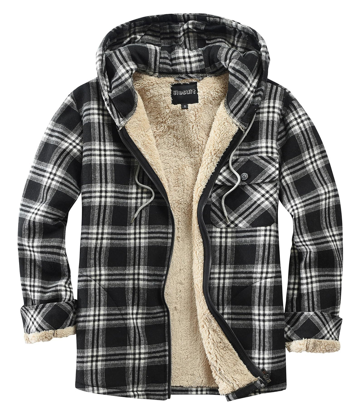 Elesuit Men's Full Zip Fleece Flannel Jacket Shirt Plaid Cotton Hoodie Coat