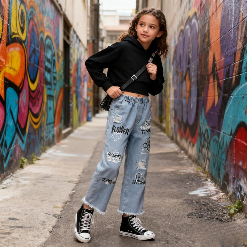 Voxikidio Size 5-10 Years Girls 3PCS Fashion Outfits Set - Cropped Hoodie + Cami Top + Printed Jeans 3-Piece Set