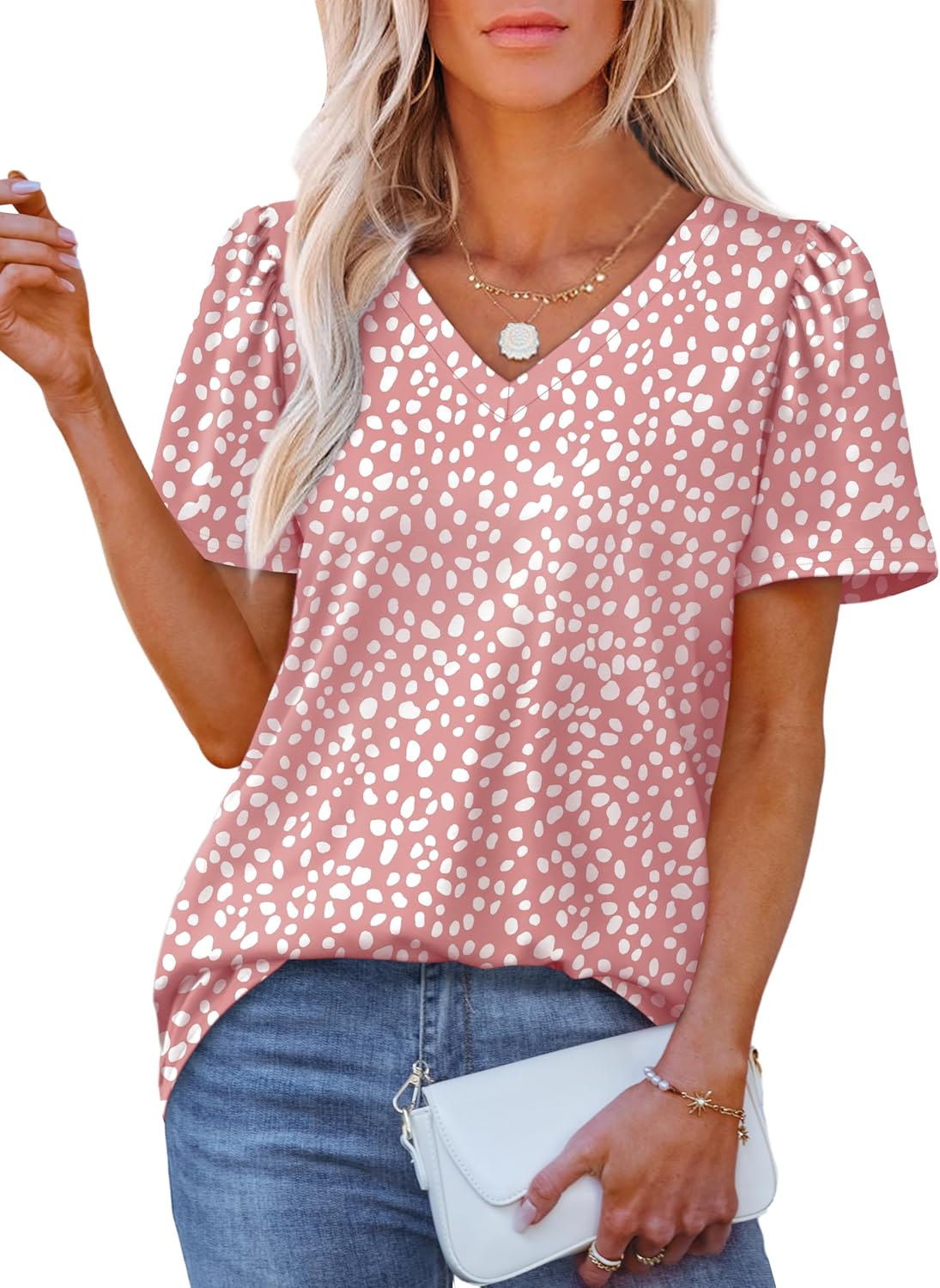 OFEEFAN T Shirts for Women V Neck Dressy Casual Blouses Puff Short Sleeve Summer Tops Loose Fit-50