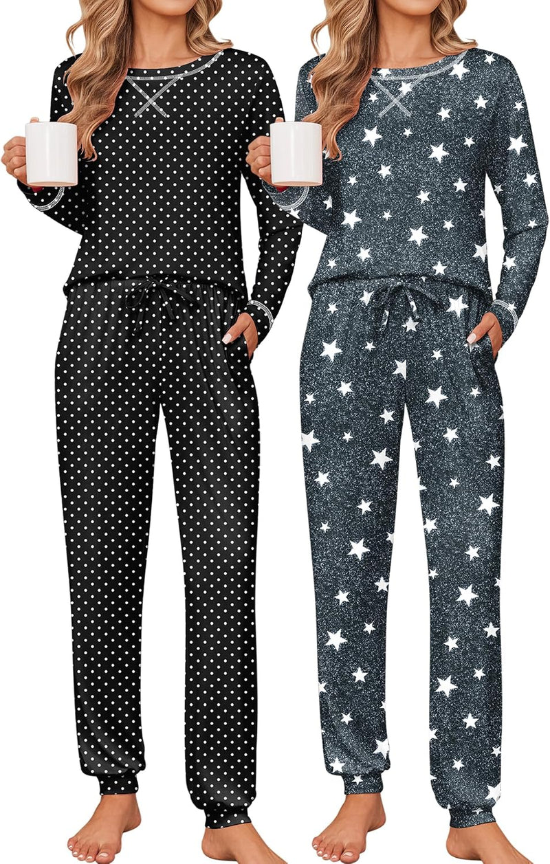 Ekouaer 2 Pack Pajama Sets for Women Long Sleeves Lounge Set Jogger Pants