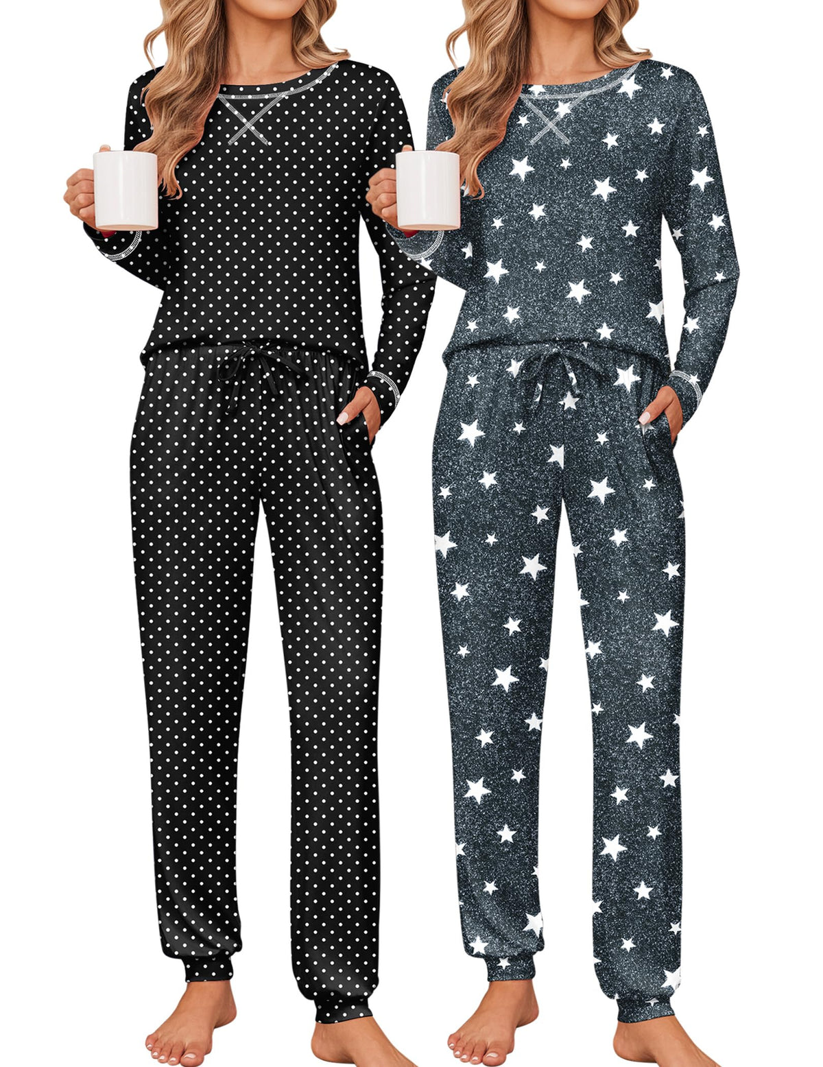Ekouaer 2 Pack Pajama Sets for Women Long Sleeves Lounge Set Jogger Pants