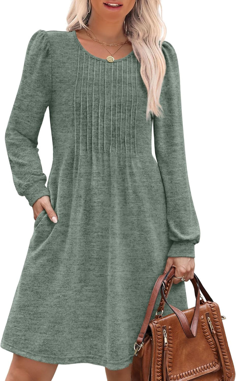 OFEEFAN Long Sleeve Dress for Women Pleated Crew Neck Casual Babydoll Sweater Dress with Pockets Fall Outfits Fashion-55