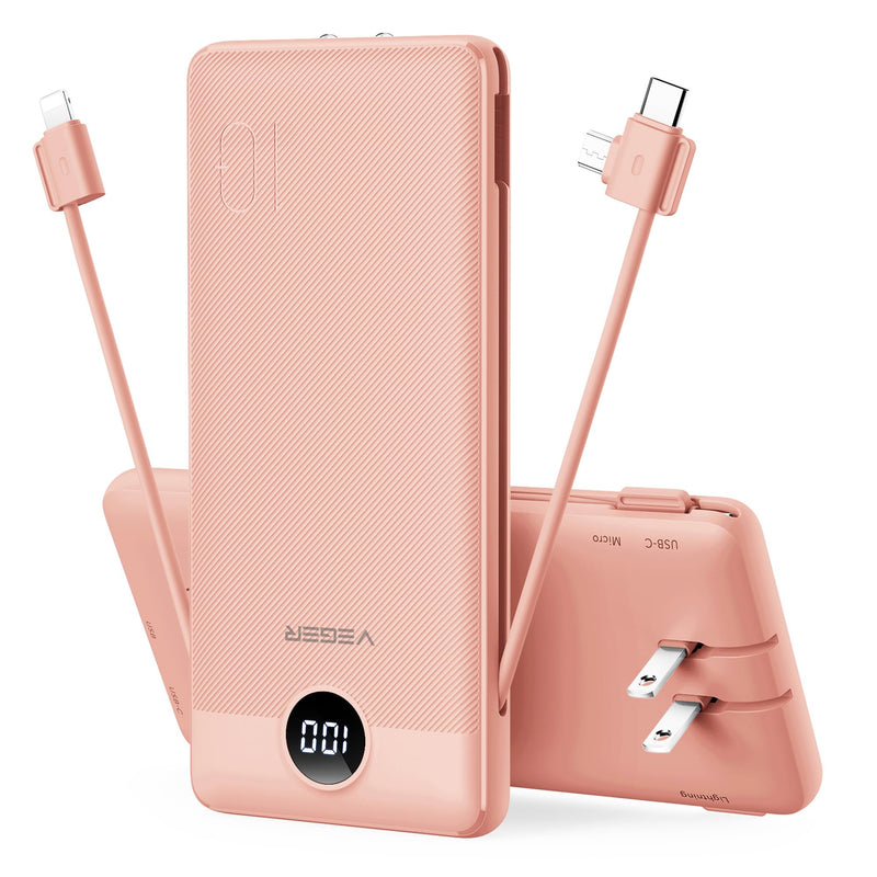 VEGER Portable Charger with Built-in AC Plug and Cables, All in One 10000mAh Ultra Slim Power Bank Travel Essentials, Fast Charging Battery Pack Compatible with iPhone, Samsung, Android (Purple)