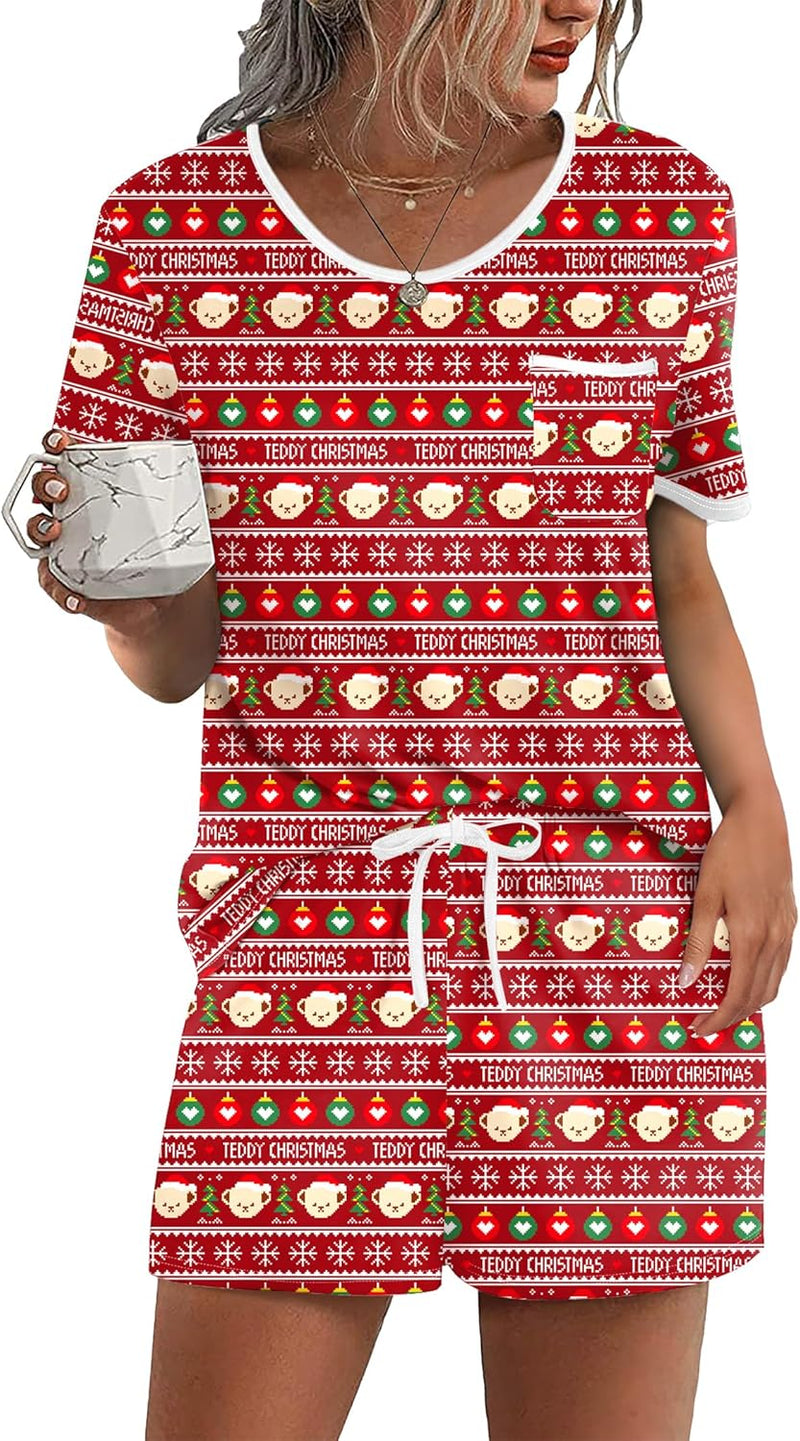 Ekouaer Pajama Set for Women 2 Piece Lounge Set Short Sleeve Tops and Shorts Soft Sleepwear, Chest Pocket-88