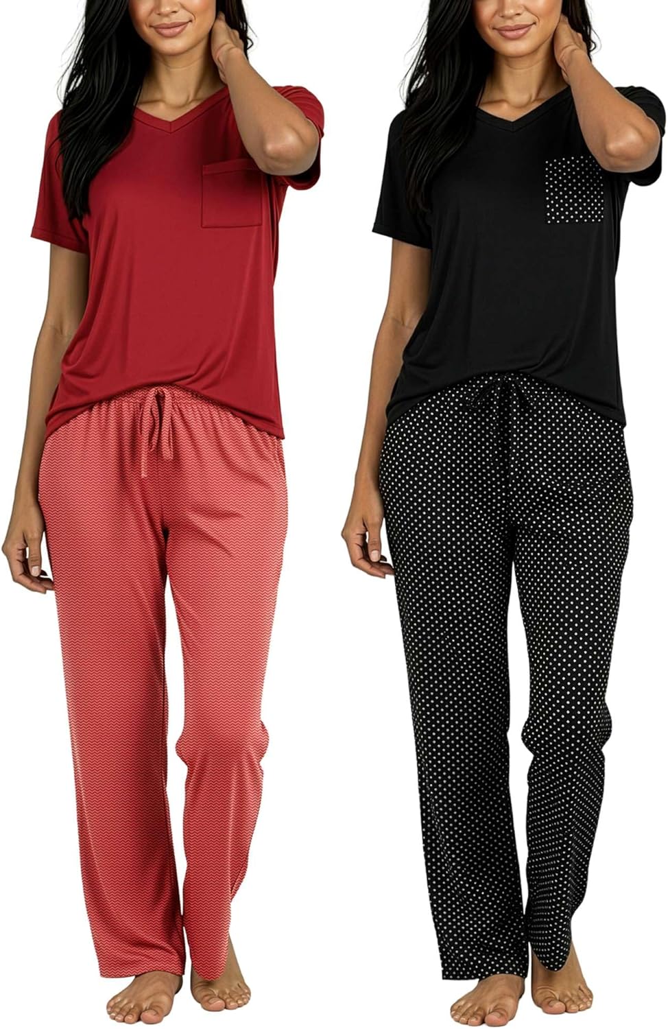 Real Essentials 2 Pack: Women's Comfy Pajama Sets - Short & Long Sleeve Ladies Loungewear Sleepwear PJs (Available In Plus)-11