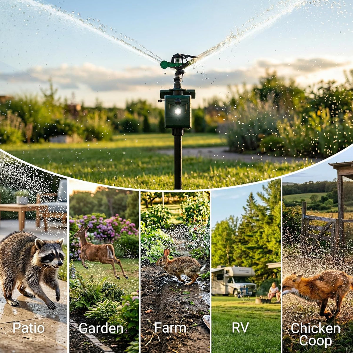 Motion Activated Animal Repeller with Water Sprinkler, Deer Repellent Devices Solar Powered, IP65 Waterproof Cat Repellent Outdoor with Flashing Light, Deter Deer Foxes Skunks Raccoons from Garden
