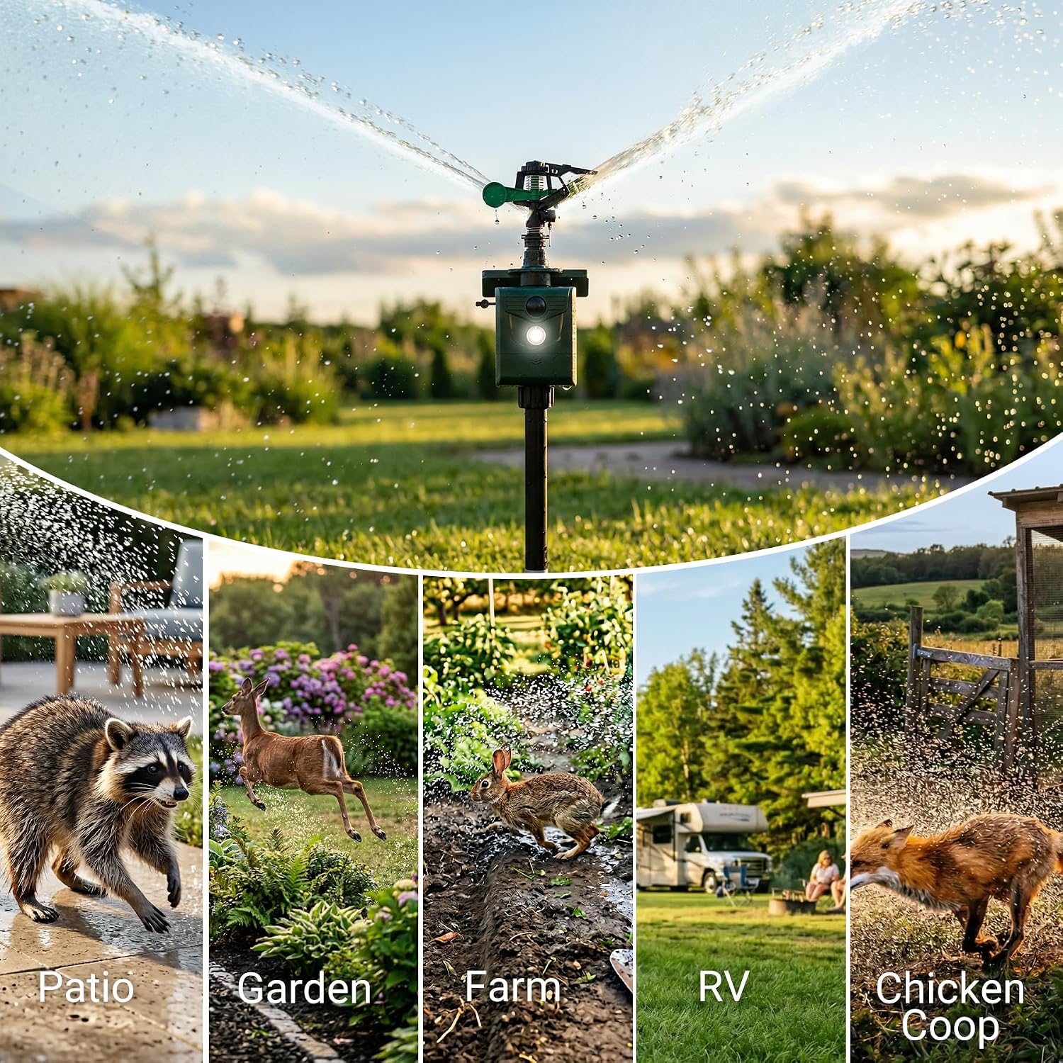 2 Packs Motion Activated Animal Repeller with Water Sprinkler, Deer Repellent Devices Solar Powered, IP65 Waterproof Deer Repellent with Flashing Light, Deter Cats Dogs Skunks Raccoons from Garden