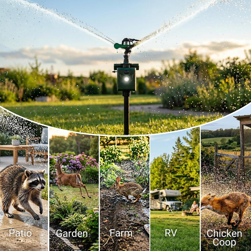 2 Packs Motion Activated Animal Repeller with Water Sprinkler, Deer Repellent Devices Solar Powered, IP65 Waterproof Deer Repellent with Flashing Light, Deter Cats Dogs Skunks Raccoons from Garden
