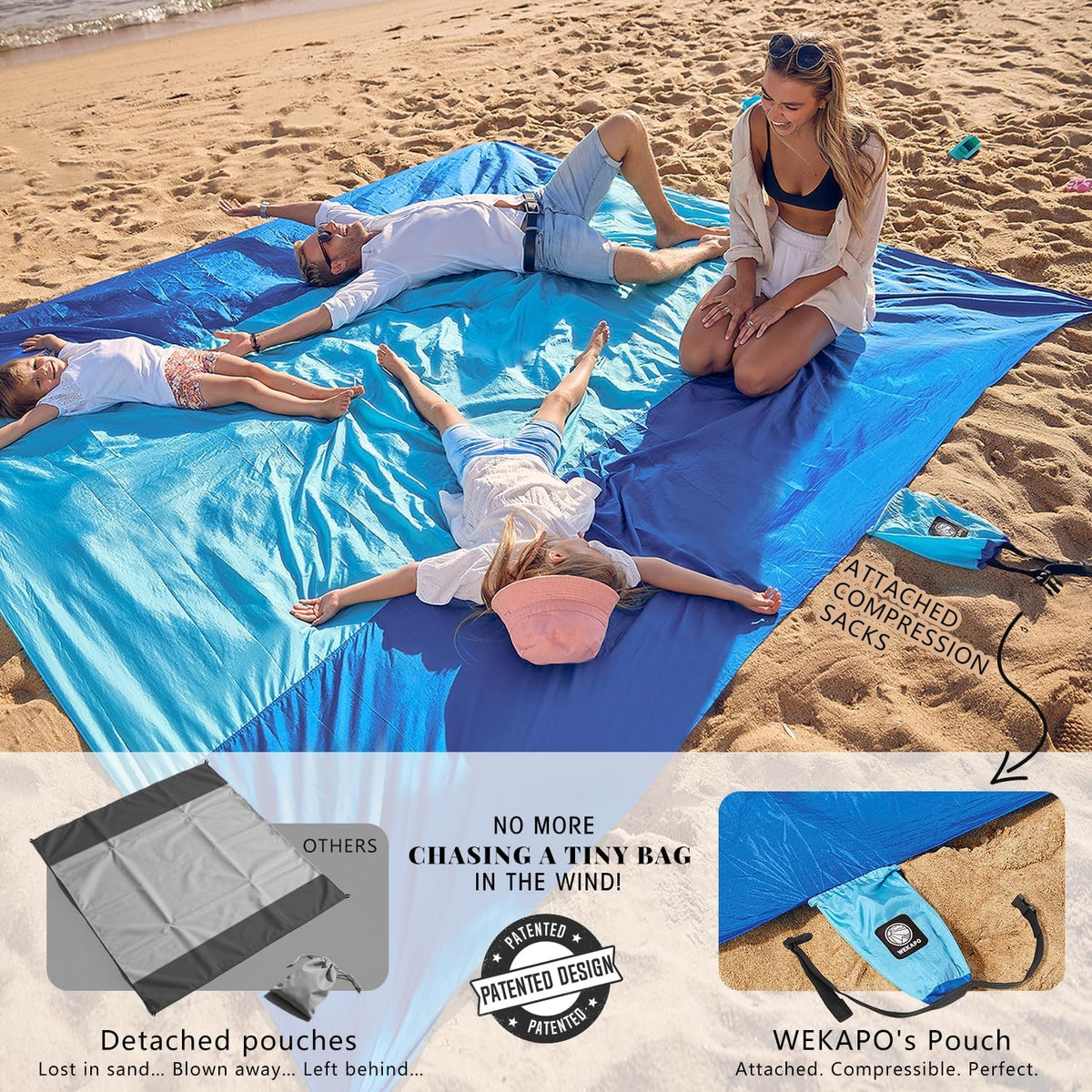 WEKAPO Beach Blanket Sandproof Waterproof, Extra Large Beach Mat, Oversized & Compact Sand Free, Quick Drying Beach Essentials for Vacation, Cruise, Picnic & Camping with Stakes