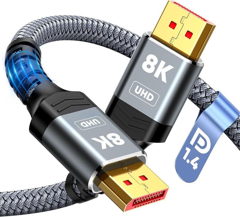 Capshi 8K DisplayPort Cable 1.4, VESA Certified 6.6FT DP Cord (8K@60Hz, 4K@144Hz, 2K@240Hz), 32.4Gbps Display Port Cable for Gaming Monitor, Graphic, PC, HDR/HDCP 2.2/FreeSync/G-Sync, Braided, Grey