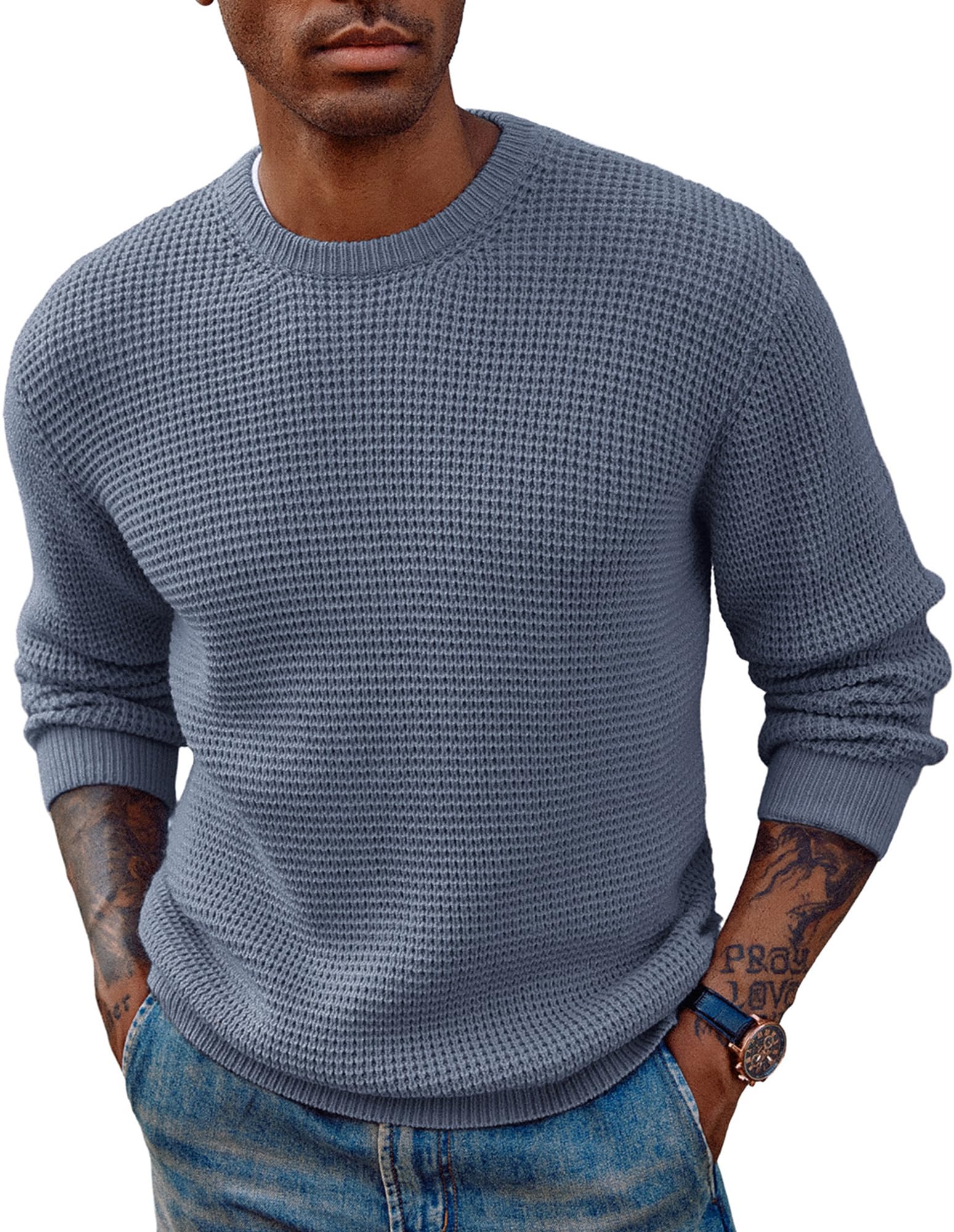 PJ PAUL JONES Mens Pullover Sweater Waffle Textured Long Sleeve Knitted Sweaters-27